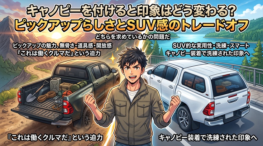 キャノピーを付けると印象はどう変わる?ピックアップらしさとSUV感のトレードオフ