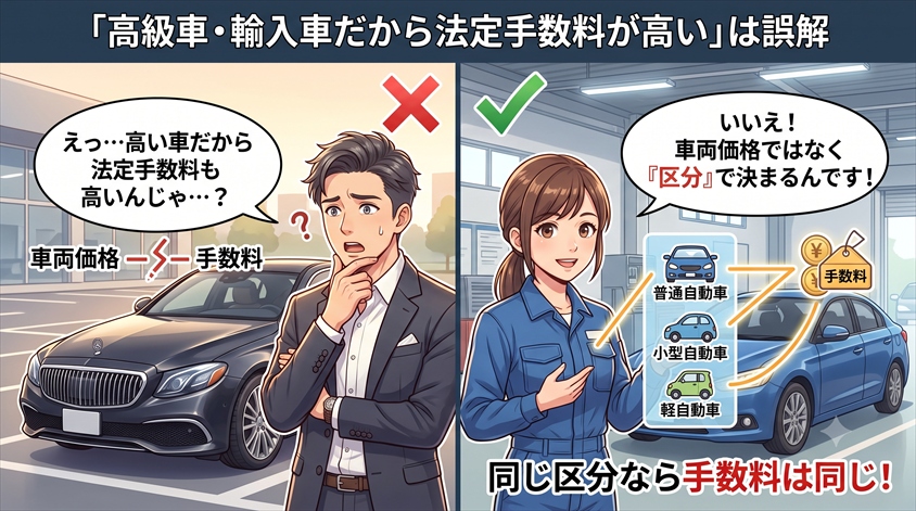 「高級車・輸入車だから法定手数料が高い」は誤解——車両価格ではなく区分で決まる