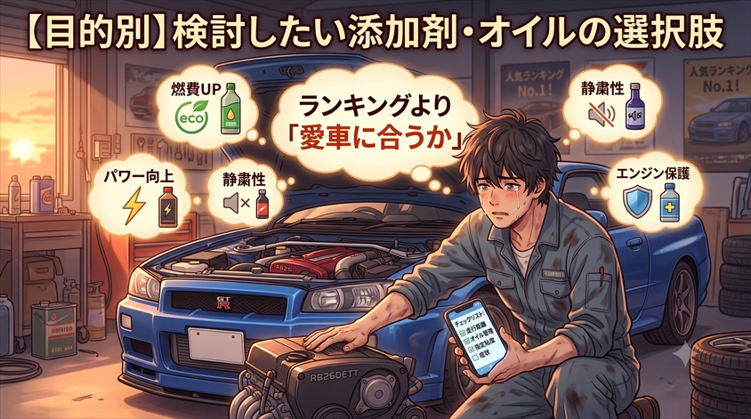 【目的別】検討したい添加剤・エンジンオイルの選択肢