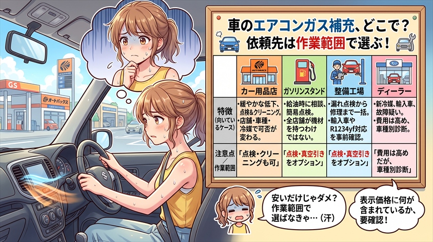 車のエアコンガスはどこで補充する?依頼先は作業範囲で選ぶ