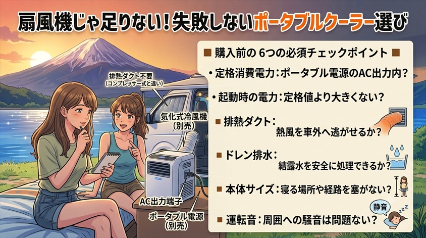 ポータブルクーラーは排熱・排水・電源まで考えて選ぶ
