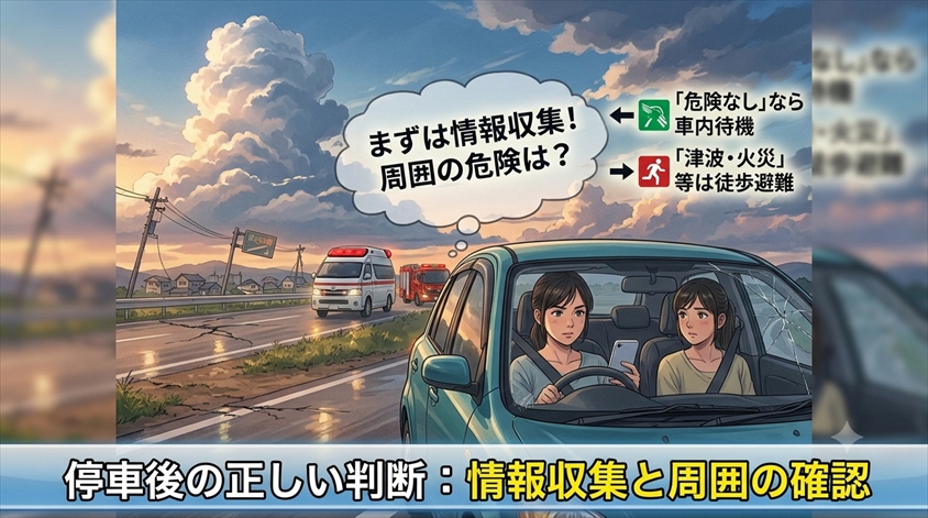 停車後に確認する情報と、車内待機か避難かの判断