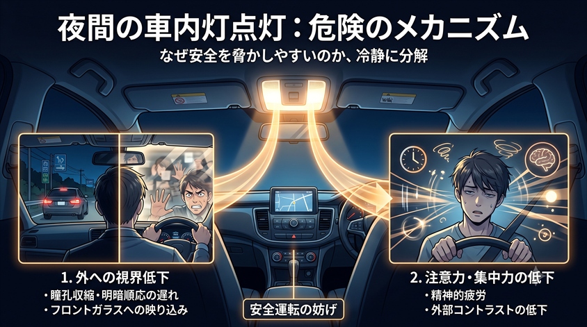 なぜ夜間の車内灯点灯は危険とされやすいのか