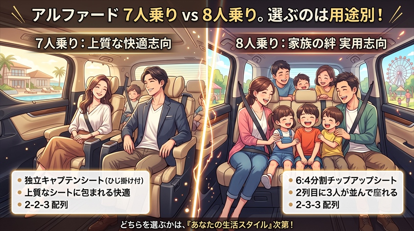 アルファード7人乗りと8人乗り、車内とシートアレンジの違い