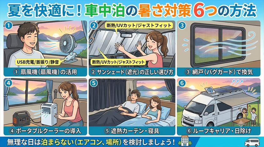 まとめ｜最初はサンシェードと扇風機、無理な日は泊まらない