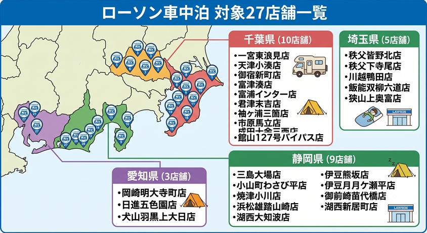 ローソン車中泊の店舗一覧はどこ?