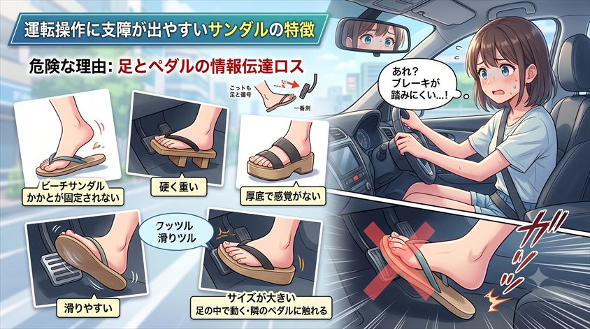 運転操作に支障が出やすいサンダルの特徴