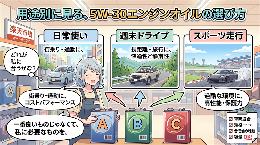 用途別に見る、5W-30エンジンオイルの選び方