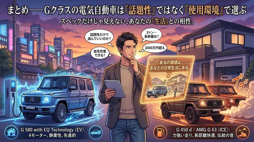 まとめ——Gクラスの電気自動車は「話題性」ではなく「使用環境」で選ぶ