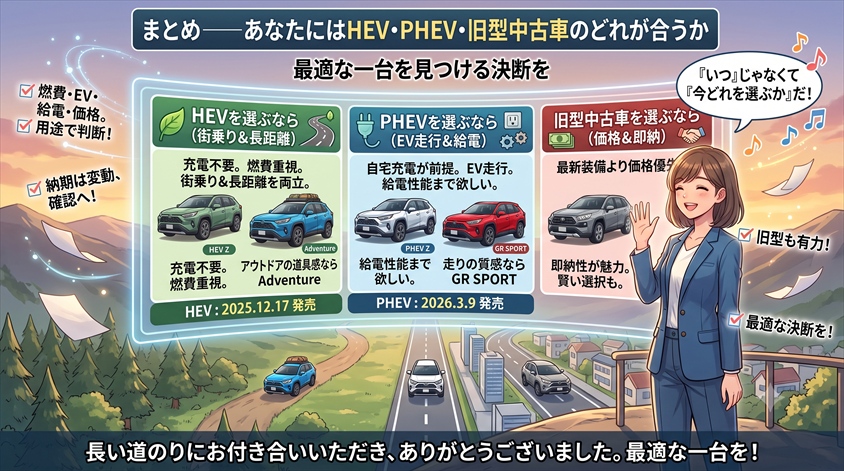 まとめ——あなたにはHEV・PHEV・旧型中古車のどれが合うか