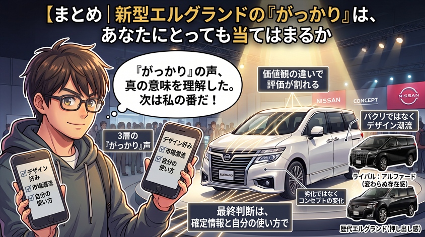 まとめ|新型エルグランドの「がっかり」は、あなたにとっても当てはまるか