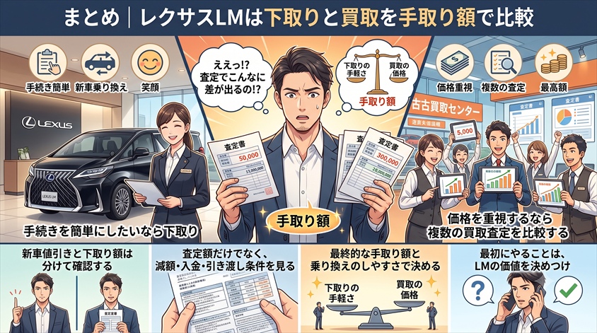 まとめ|レクサスLMは下取りと買取を手取り額で比較
