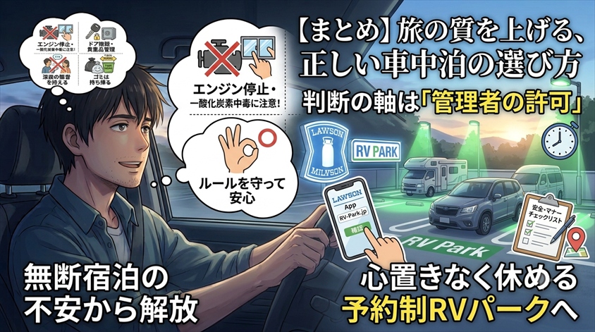 まとめ：短時間の休憩とRVパークの車中泊を分けて、正式に認められた場所を選ぶ