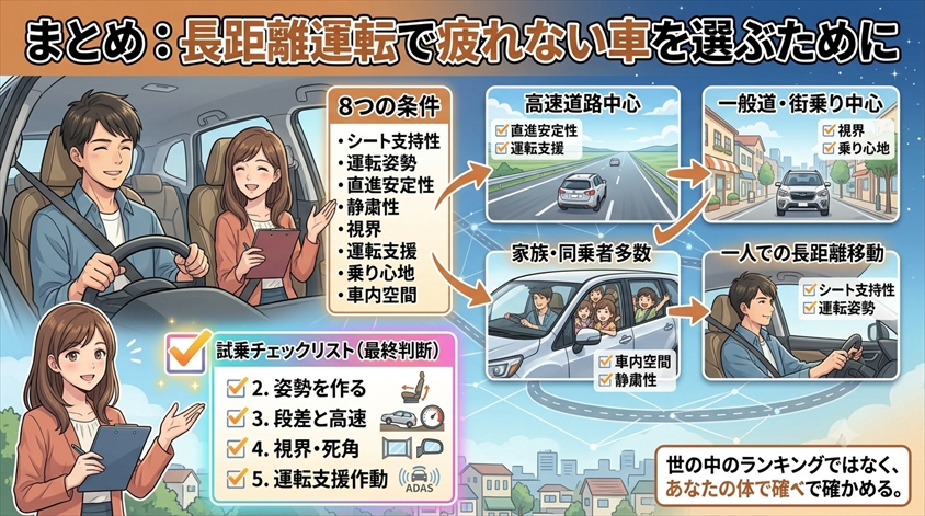 まとめ：長距離運転で疲れない車を選ぶために