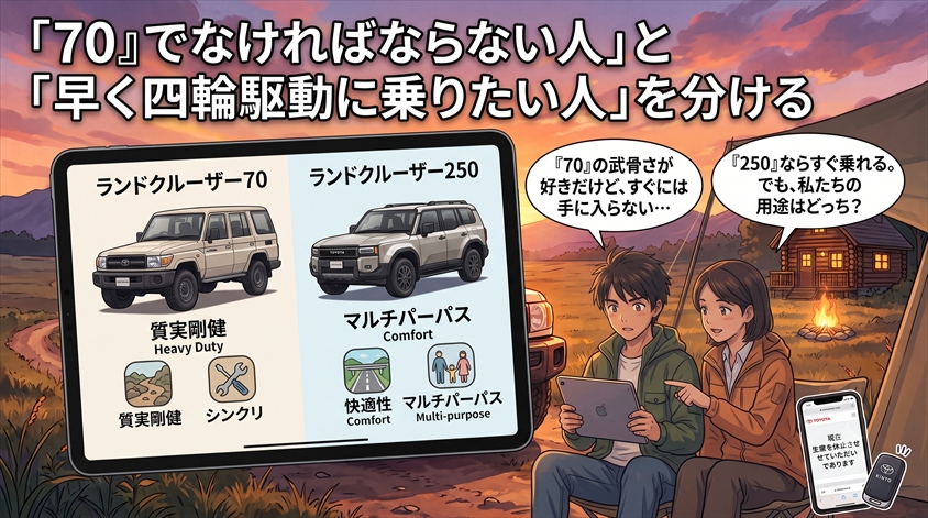 「70でなければならない人」と「早く四輪駆動に乗りたい人」を分ける — 代替車種との比較