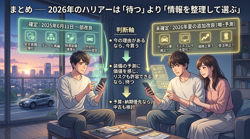 まとめ ── 2026年のハリアーは「待つ」より「情報を整理して選ぶ」