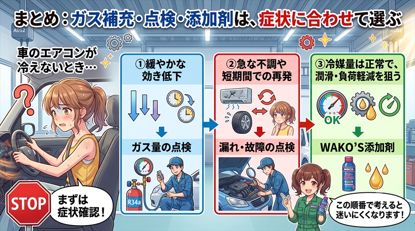 まとめ:ガス補充・点検・添加剤は、症状に合わせて選ぶ