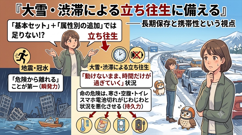 大雪・渋滞による立ち往生に備える──長期保存と携帯性という視点