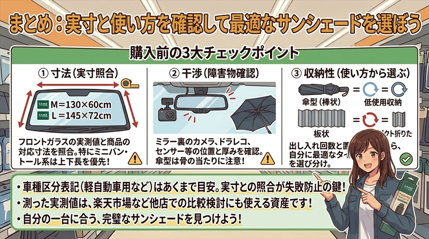 まとめ:実寸と使い方を確認して最適なサンシェードを選ぼう