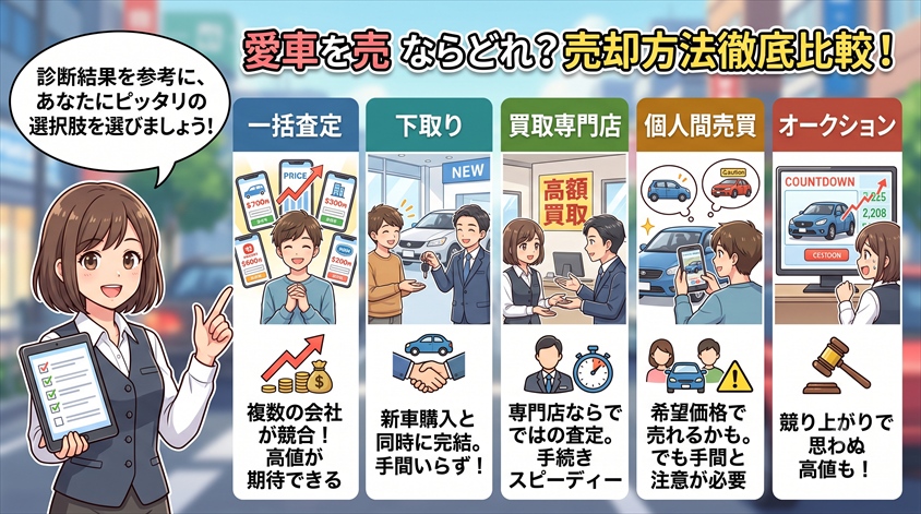 一括査定以外の売却方法との比較(下取り・買取専門店・個人間売買・乗り換え)