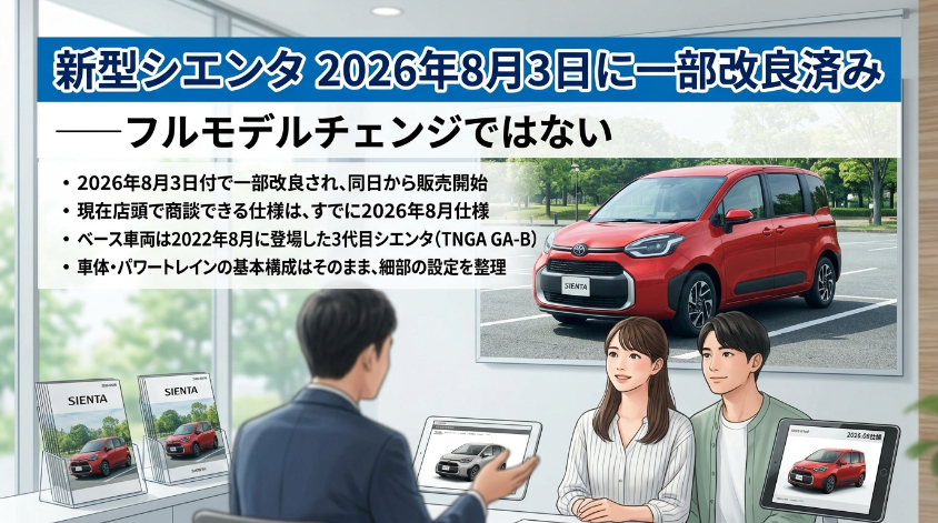 新型シエンタは2026年8月3日に一部改良済み──フルモデルチェンジではない