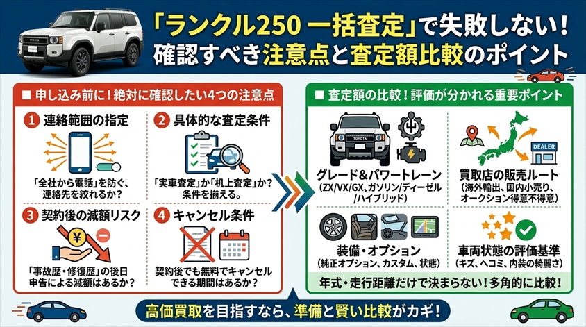 ランクル250の一括査定で確認したい注意点と査定額比較のポイント