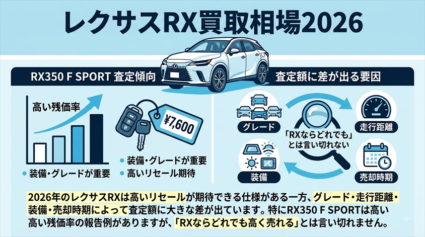 レクサスRX買取相場2026、RX350Fスポーツの査定傾向を詳しく確認