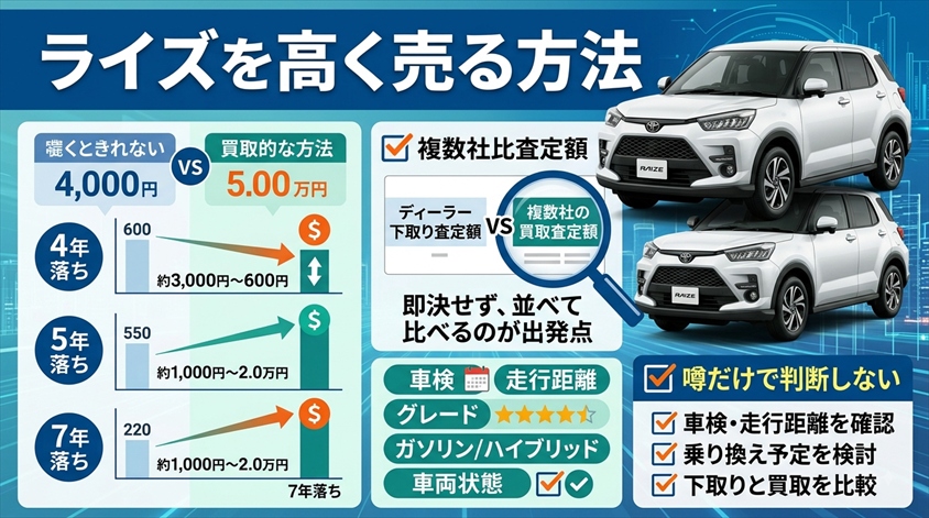 ライズを高く売る方法｜4年落ち・5年落ち・7年落ちの買取相場と売却タイミング