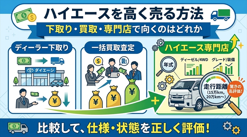 ハイエースを高く売る方法。下取り・買取・専門店で向くのはどれか