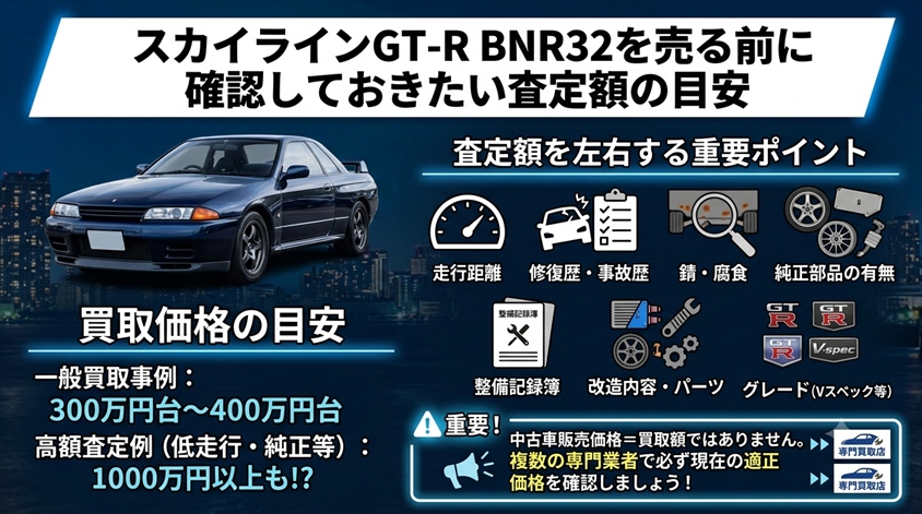 スカイラインGT-R BNR32を売る前に確認しておきたい査定額の目安