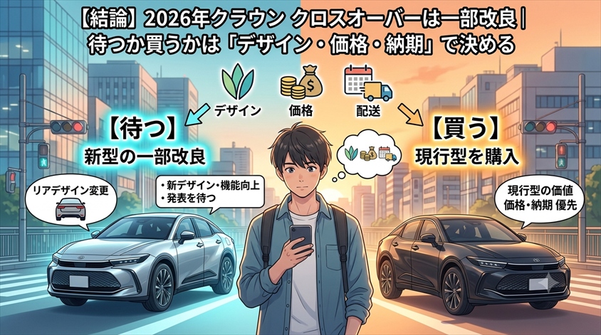 【結論】2026年クラウン クロスオーバーは一部改良｜待つか買うかは「デザイン・価格・納期」で決める