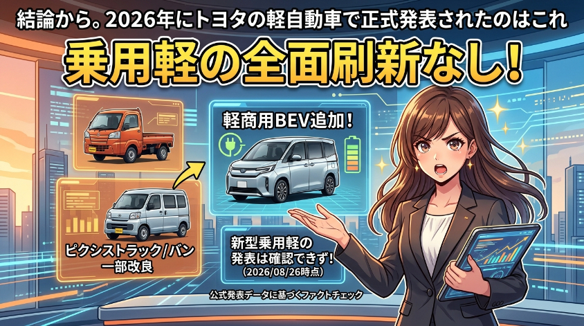結論から。2026年にトヨタの軽自動車で正式発表されたのはこれ