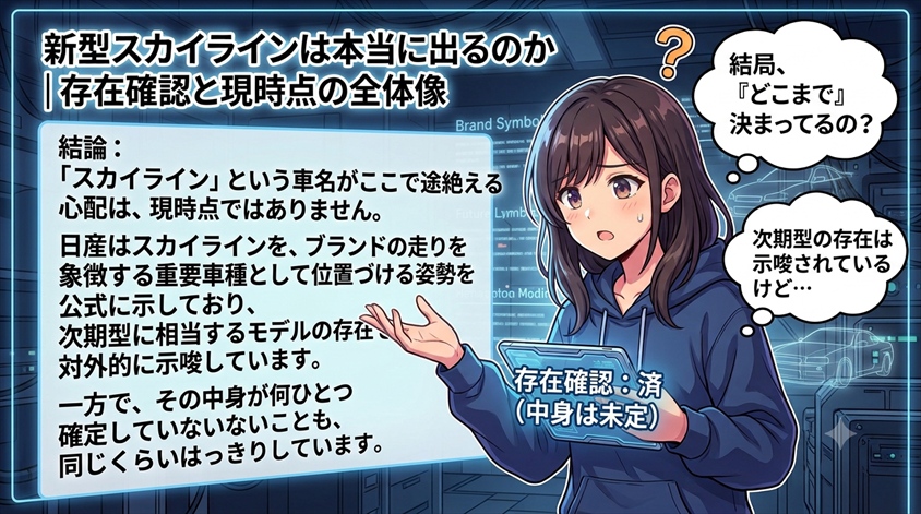 新型スカイラインは本当に出るのか|存在確認と現時点の全体像