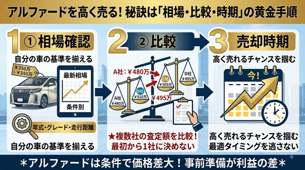 アルファードを高く売る方法は「相場確認→比較→売却時期」の順で考える