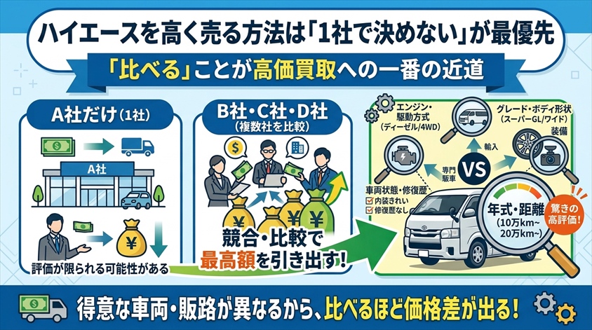ハイエースを高く売る方法は「1社で決めない」が最優先