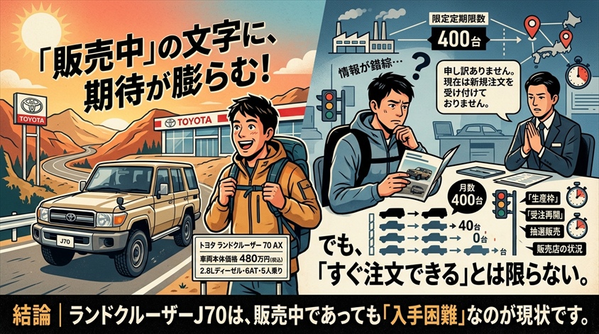 結論|ランドクルーザーJ70は「販売中」でも、すぐ注文できるとは限らない