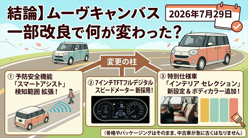 【結論】ムーヴキャンバスは2026年7月29日の一部改良で何が変わった？