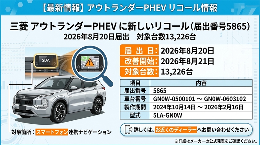 【最新情報】アウトランダーPHEVに新しいリコール(届出番号5865)2026年8月20日届出