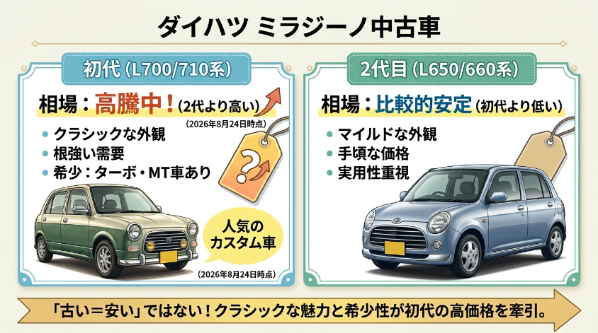ダイハツ ミラジーノ中古車の相場は初代と2代目で違う