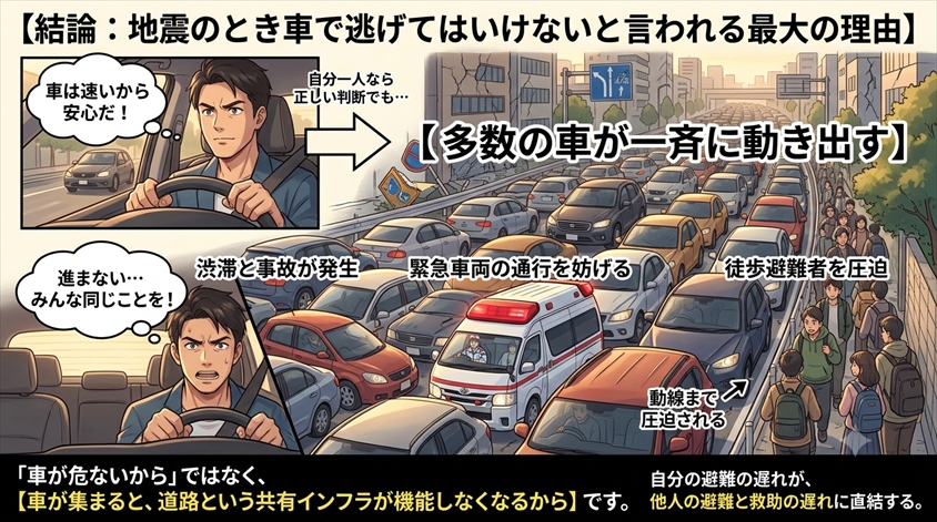 結論:地震のとき車で逃げてはいけないと言われる最大の理由