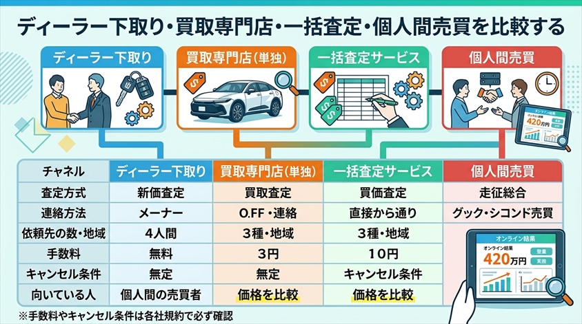 ディーラー下取り・買取専門店・一括査定・個人間売買を比較する