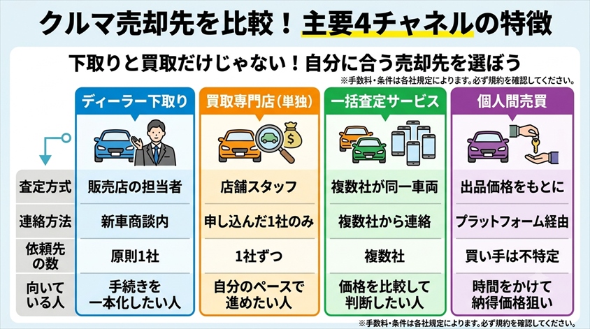 ディーラー下取り・買取専門店・一括査定・個人間売買を比較する