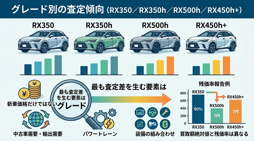 グレード別の査定傾向(RX350/RX350h/RX500h/RX450h+)