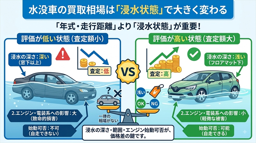 水没車の買取相場は「浸水状態」で大きく変わる