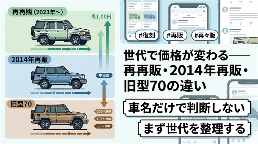 世代で価格が変わる——再再販・2014年再販・旧型70の違い