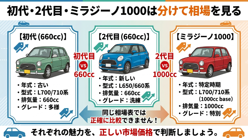 初代・2代目・ミラジーノ1000は分けて相場を見る
