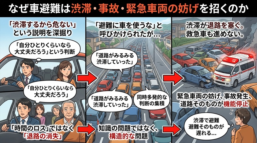 なぜ車避難は渋滞・事故・緊急車両の妨げを招くのか(因果関係の解説)