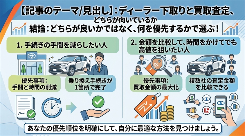 ディーラー下取りと買取査定、どちらが向いているか