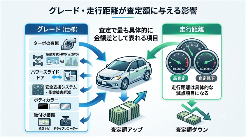 グレード・走行距離が査定額に与える影響