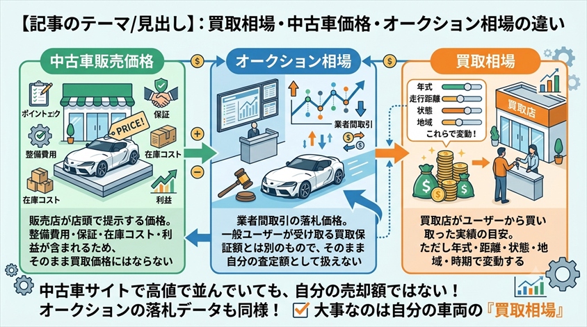 買取相場・中古車価格・オークション相場の違い